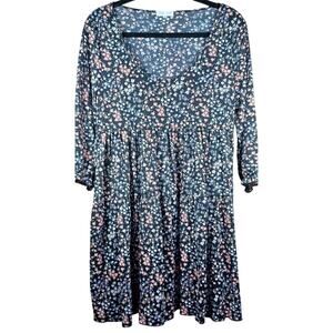 Ultra Flirt Floral Babydoll Tiered Mini Dress XL Black Pink Ditsy Boho
